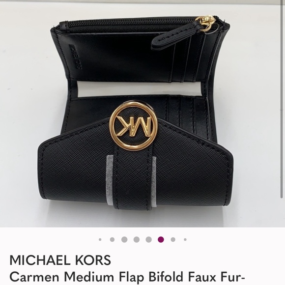 MICHAEL KORS Carmen Medium Flap Bifold Faux Fur-Leather Wallet BLACK COLOR - Picture 5 of 6